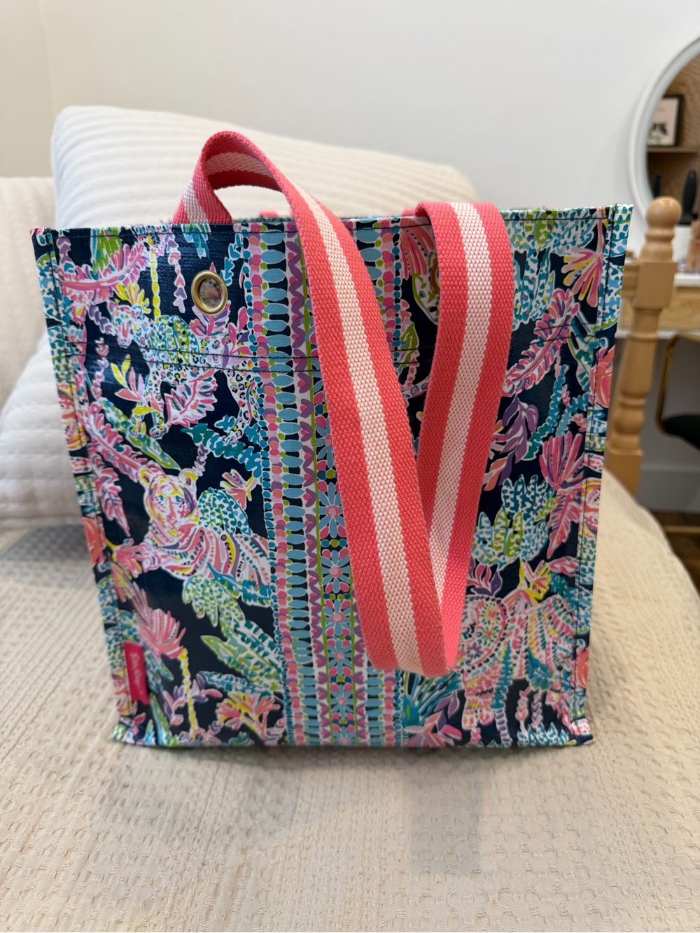 Lilly Pulitzer Navy Floral Tote with Pink-Striped Handles